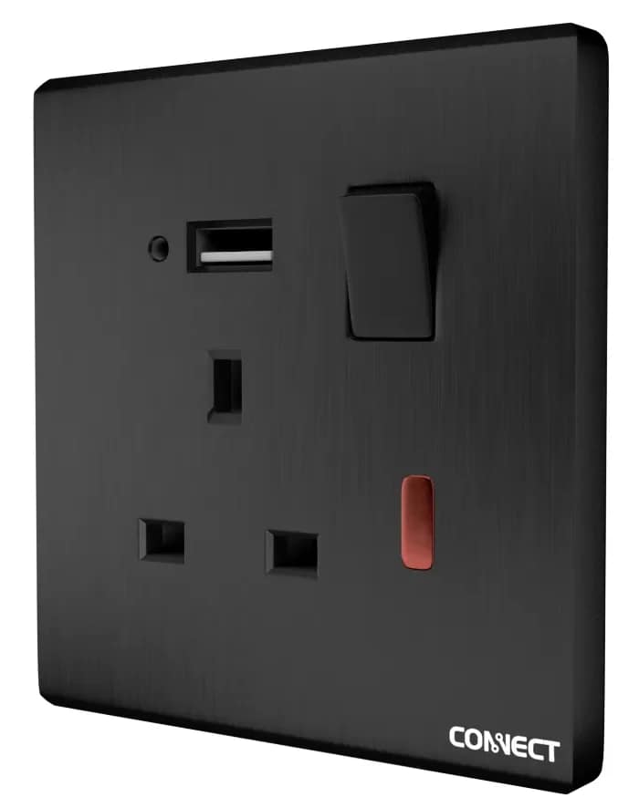 13A Switched Socket-With Neon+USB-Ultimate Black-Connect
