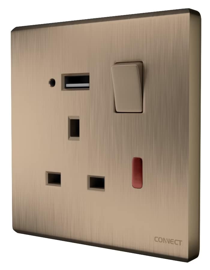13A Switched Socket-With Neon+USB-Premium Gold-Connect
