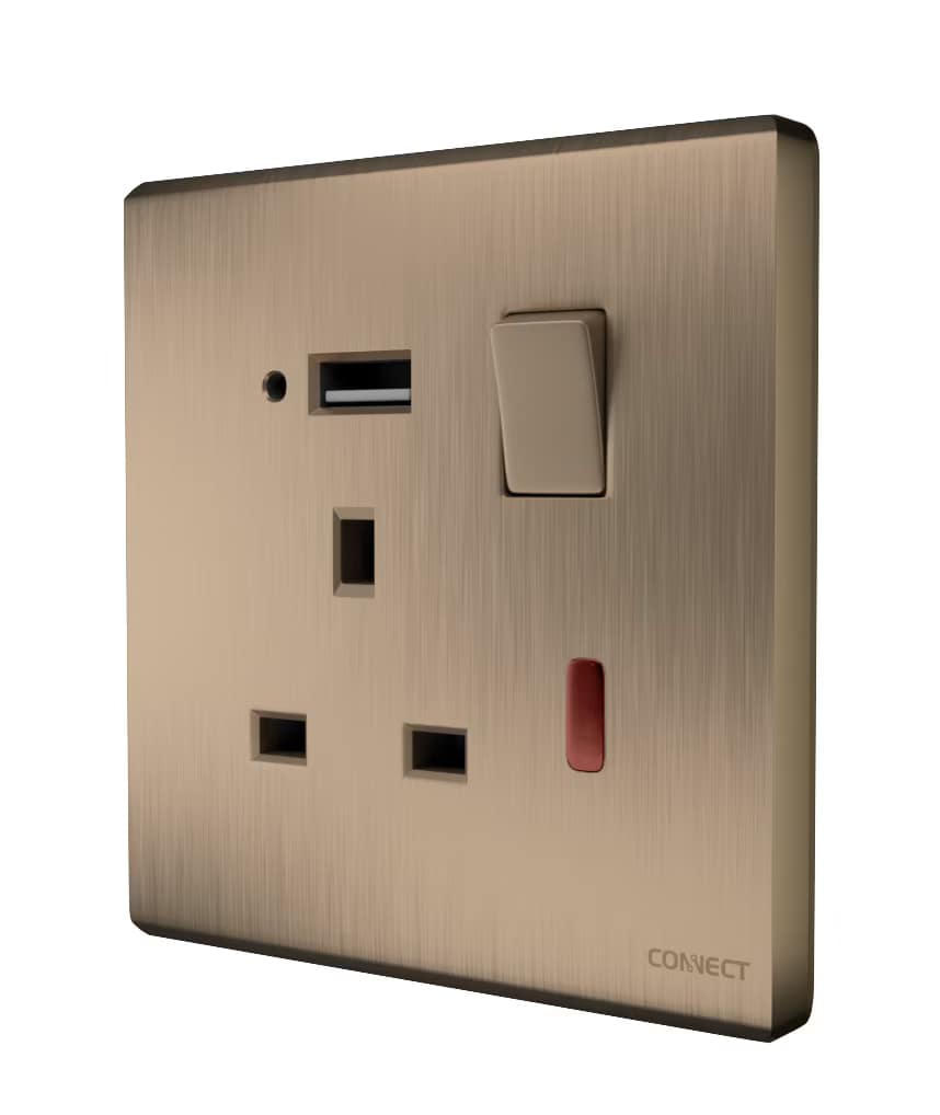13A Switched Socket-With Neon+USB-Premium Gold-Connect