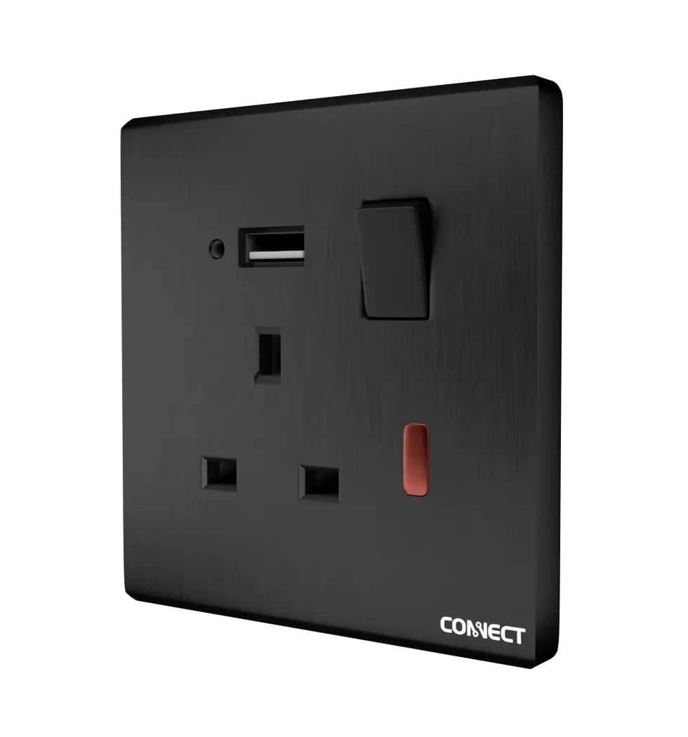 13A Switched Socket-With Neon+USB-Ultimate Black-Connect